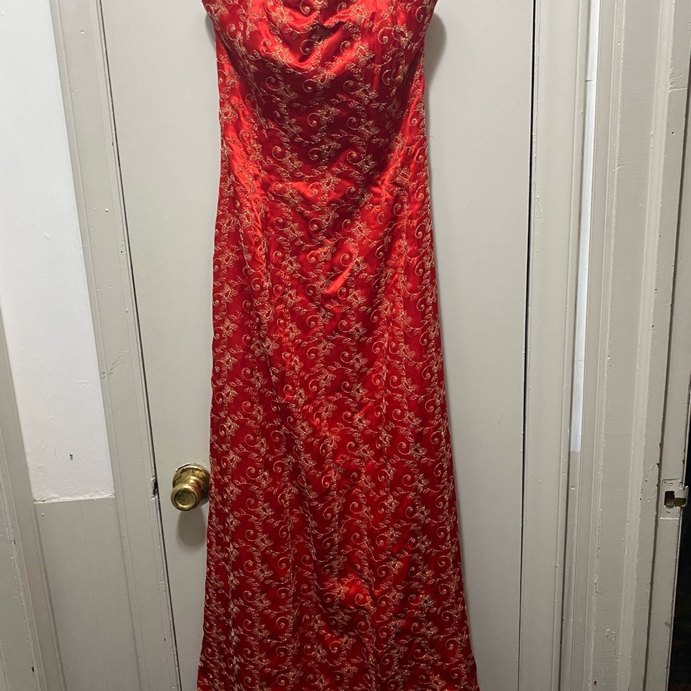 Jessica McClintock Red and Gold Maxi Dress